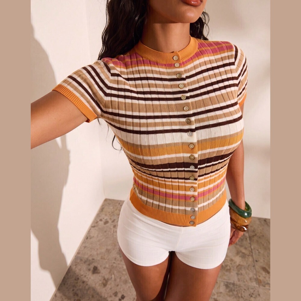 Orange Multicolor Striped Ribbed Knit Button Front Fitted Short Sleeve Cardigan
